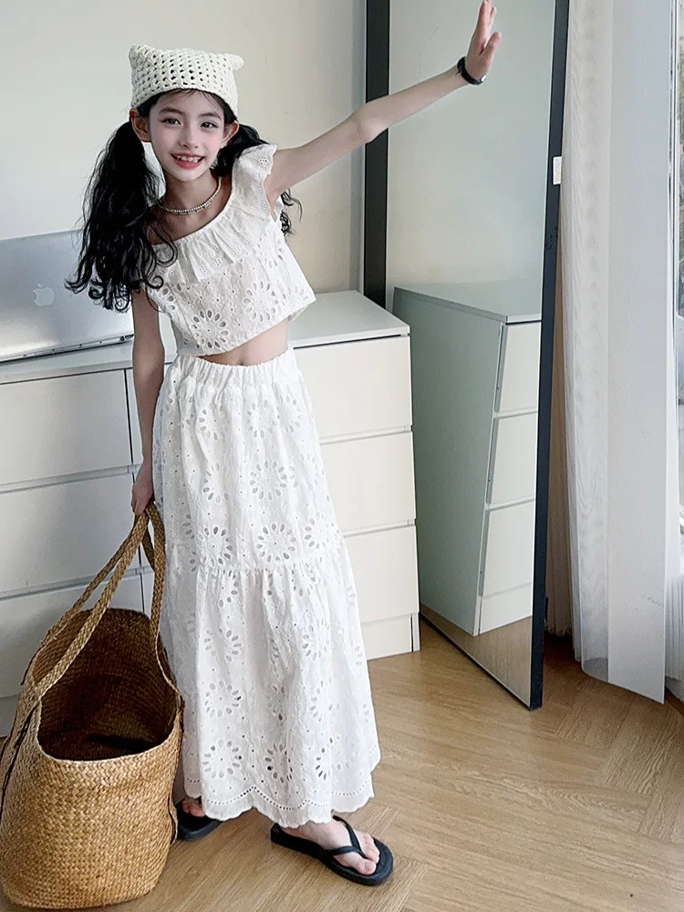 summer French Sweet teen girls skirts sets Hollow Embroidery Strap