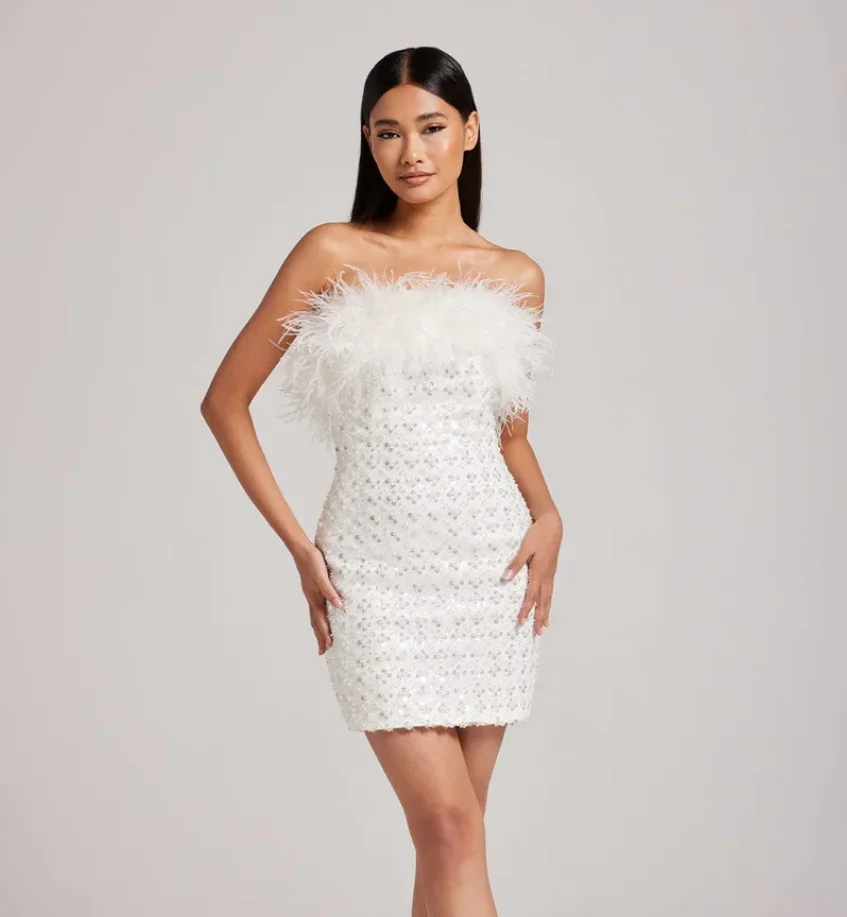 

Women Summer White Bodycon Mini Dress Evening Party Strapless Furry Sequines Beading Celebrity Gala Dresses High Quality