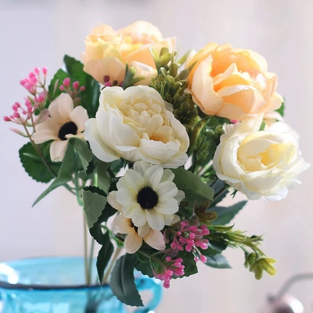 Bouquet de fleurs de pivoine artificielles en soie, accessoires de couronnes de bébé, fausses fleurs de marguerite, décoration de maison de mariage, décoration de salle de fête 4
