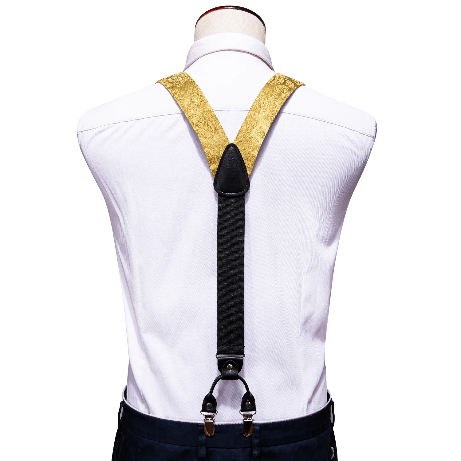 Silver Gold Red Black White Green Blue Pink Silk Mens Suspender Adjustable 6 Clips Braces Bowtie Hanky Cufflinks Set Barry.Wang