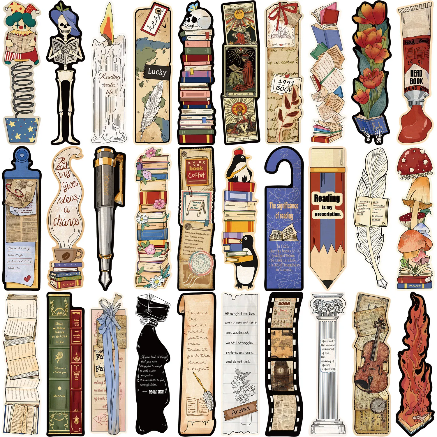 30pcs Vintage Reading Bookmarks Students Create Gift Paper Cards with Classical Texts Reading Pages Annotated Book Marks
