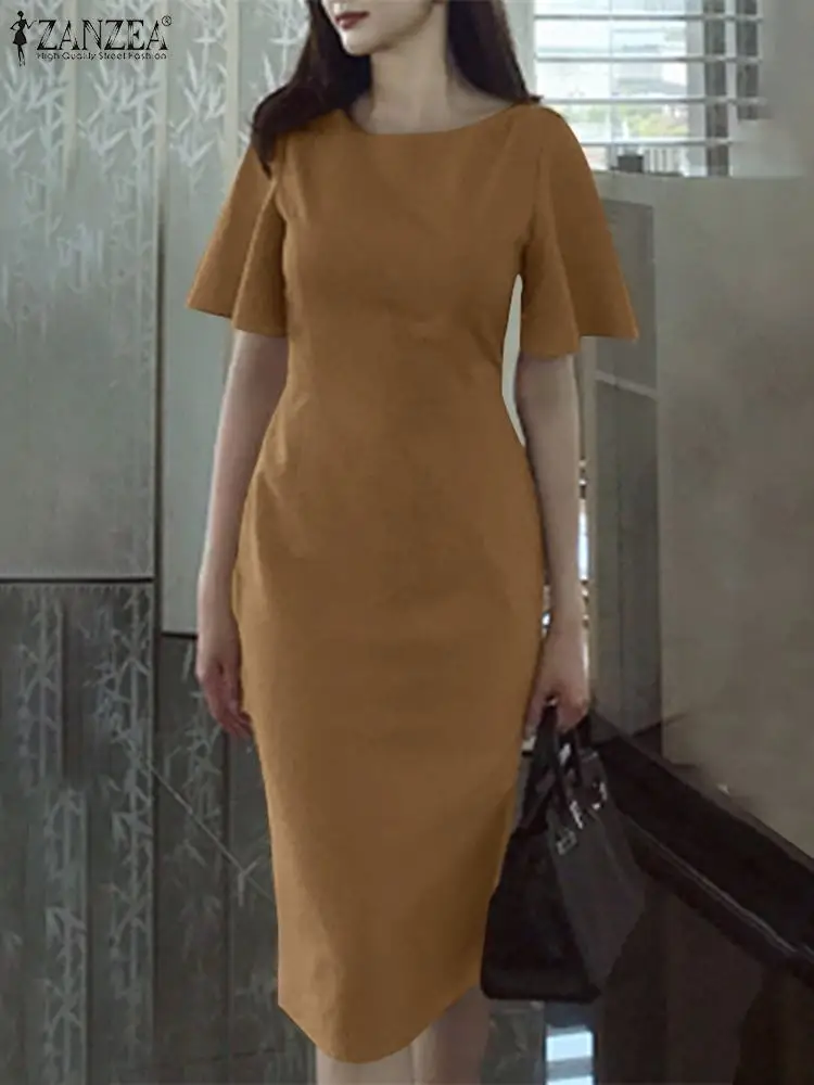 

ZANZEA Elegant Women Dress Vintage Slim Wrap Hips Midi Robe 2024 Summer Ruffle Short Sleeve Vestidos Korean Fashion Party Robe