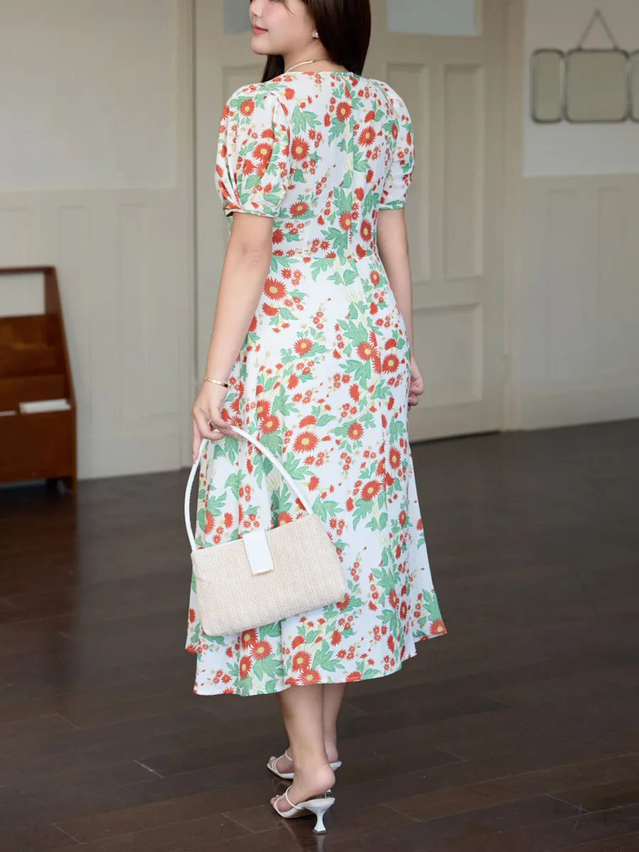 V-Neck Cinched Waist A-Line MIDI Dress Plus Size Women Summer Premium French Vacation Orange Green Floral Printed Dress