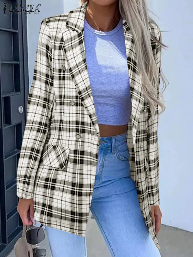 

Casual Loose Lapel Collar Outwears ZANZEA Women Fashion Plaid Jackets 2023 Autumn Waisted Coats Office Lady Long Sleeve Blazer