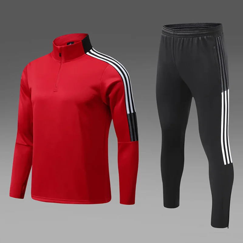 

Professional Football Winter Training Uniform Classic Red Jackets with Thumb Holes and Match Black Pants Set with 3 White Lines