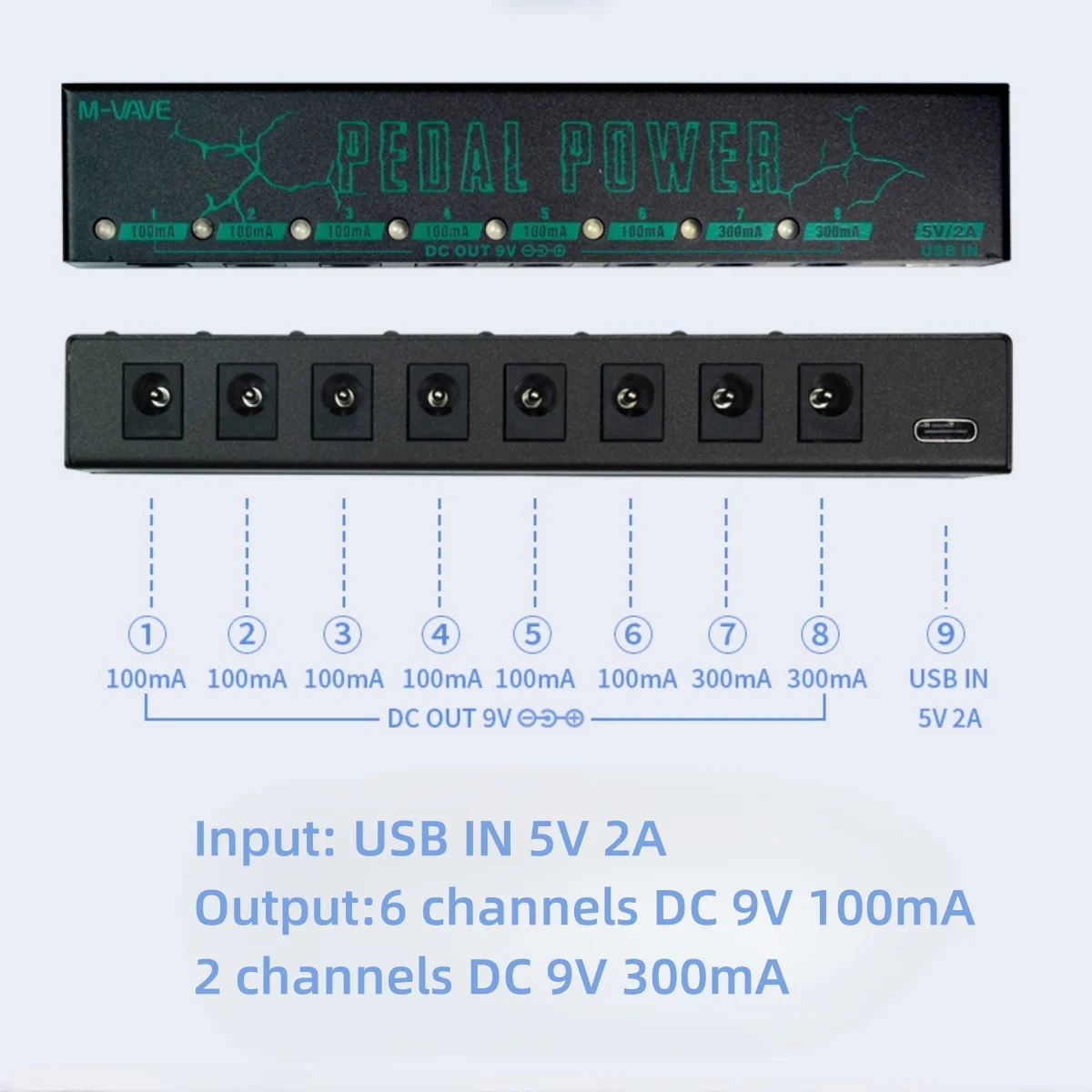 Guitar Pedal Power Supply M-VAVE PEDAL POWER 8 Isolated Pedalboard Power Supply Aluminium Alloy DC Output 9V Effect Pedal