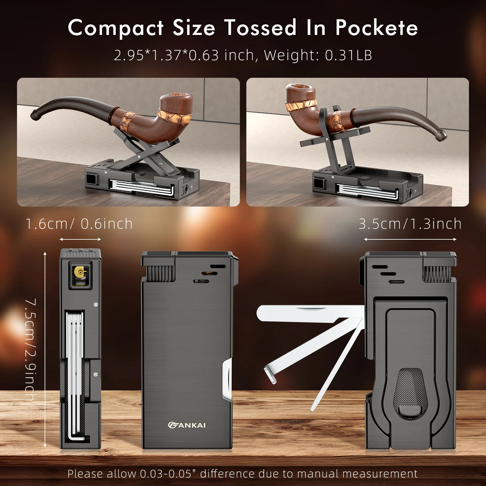Multifunctional Pipe Lighter Built-in Stand 3 in 1 Cleaner Tools Refillable Butane Angled Soft Flame