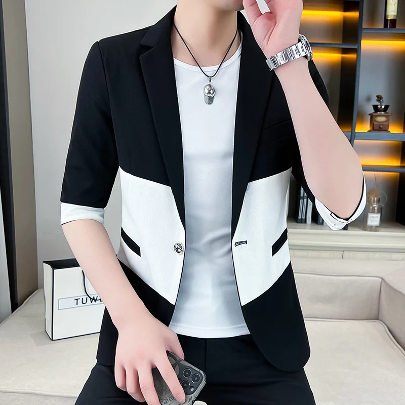 2023 Summer Fashion Patchwork Suit Jacket Thin 3/4 Sleeve Casual