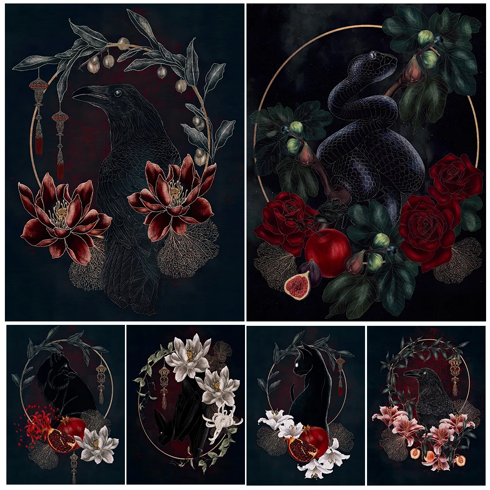 

Black Rose And Skeleton,Black Snake,Persian Cat,Bat And Pomegranate Vintage Wall Art Mysterious Animal Art Poster Print Decor