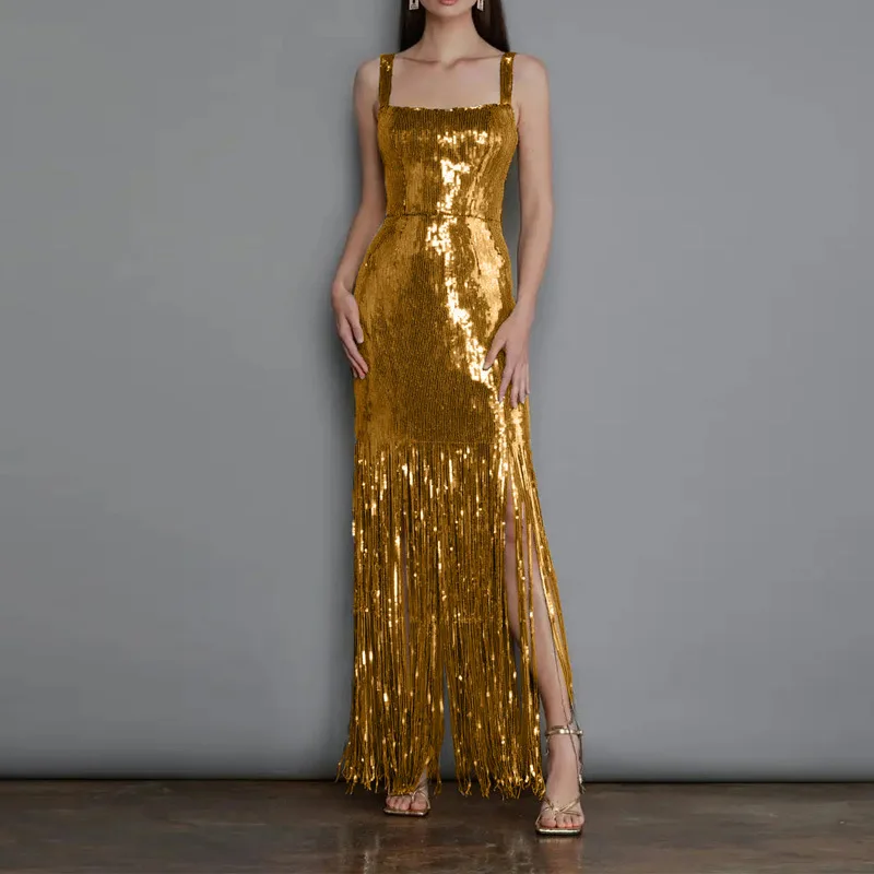 

Women's Evening Dress Camisole Sleeveless Slim Tassel Backless Split Gold Fashion Female Dresses Summer 2023 New