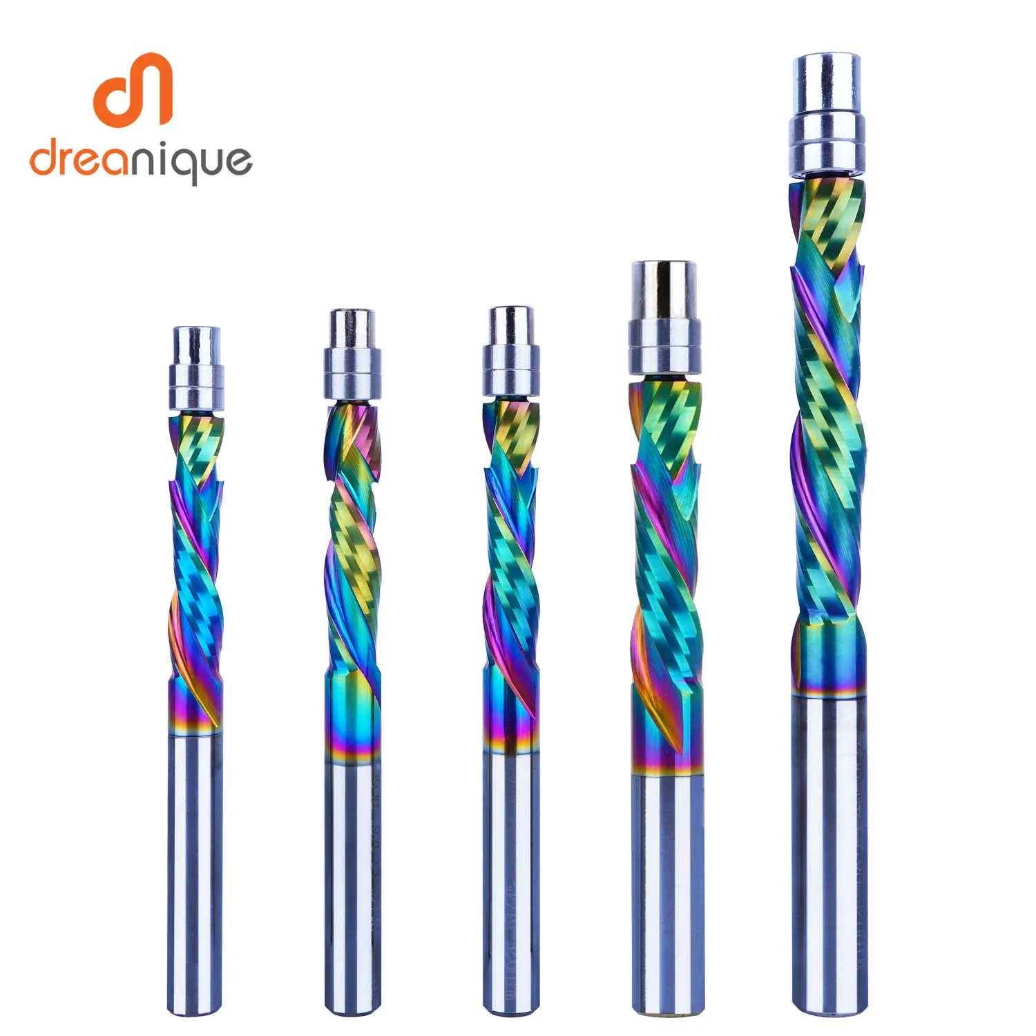 

Dreanique 1pc DLC Coating Solid Carbide Bearing Guided Milling Cutters 2 Flutes Spiral Flush Trim 8MM Shank Woodworking End Mill