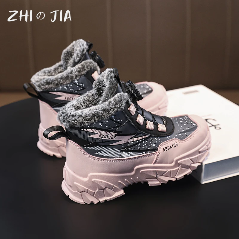 Winter High Top Rotary Buckle Plush Shoes Children\'s New Anti Slip Durable Snow Boots Boys and Girls Fashion Casual Warm Shoes