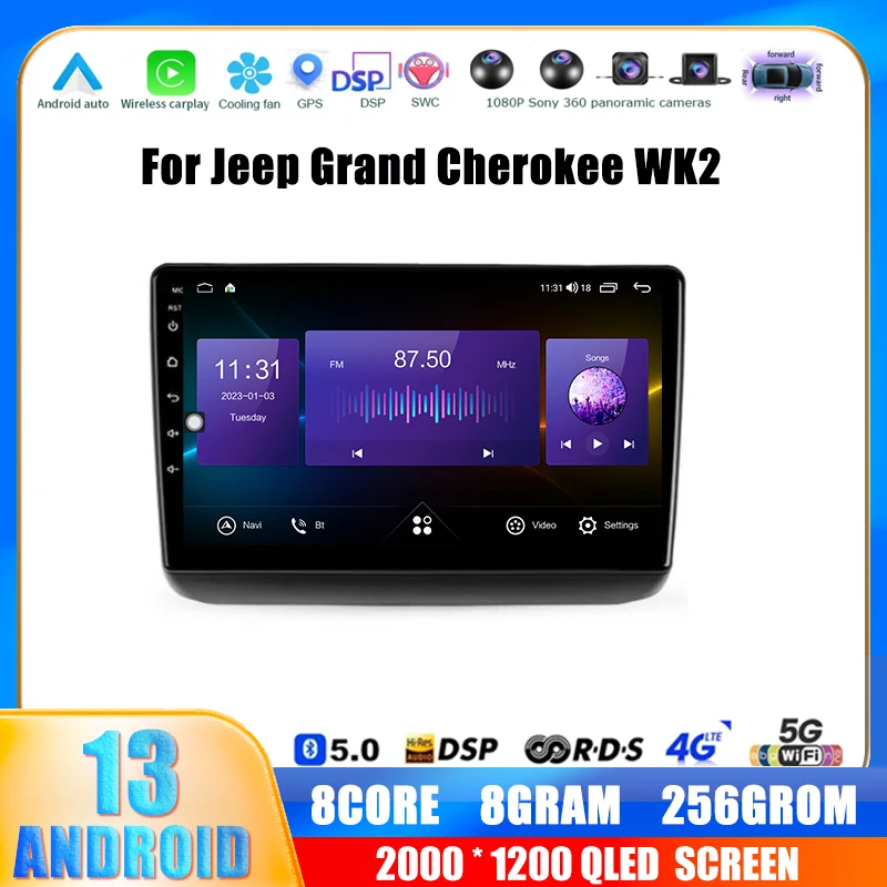 

9" Car Stereo Android 13 Auto Radio Wireless Player For Jeep Grand Cherokee WK2 2013-2020 Carplay Head Unit GPS Navigation Video
