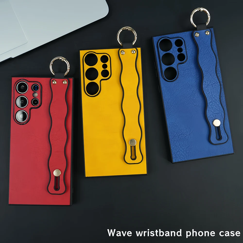 Luxury Wave Wrist Strap PU Leather Shockproof Case - Fashion Back Cover