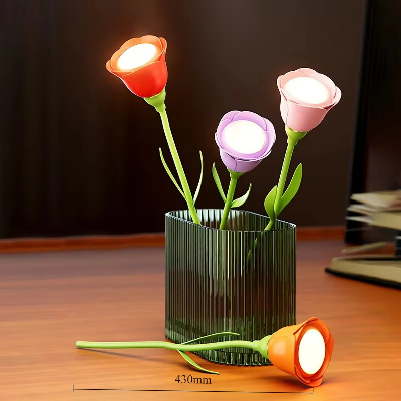 장미 LED 책상 램프, 구부릴 수 있고 충전식이며 밝기 조절이 가능한 꽃 모양 야간 조명, 밝기 기억 기능 포함, 여성/아내/소녀를 위한 창의적인 선물