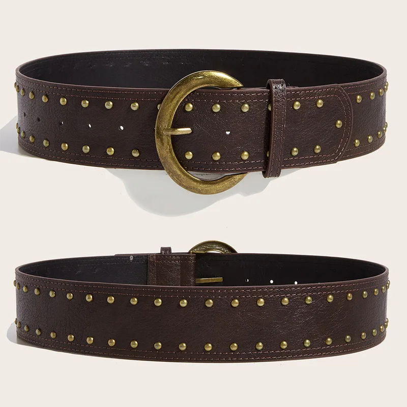 Damen Luxus Designer PU Leder Breiter Gürtel Braun Lässig Vielseitig Western Cowboy Schwarzer Hüftgurt Trendiger Dornschließe Bund – Detail 4