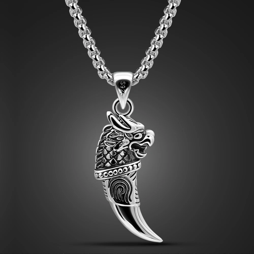 New Genuine 100% 925 Sterling Silver Necklace For Men Hot Sale Wolf Tooth Pendant Choker Man Punk Cool Fashion Fine Jewelry