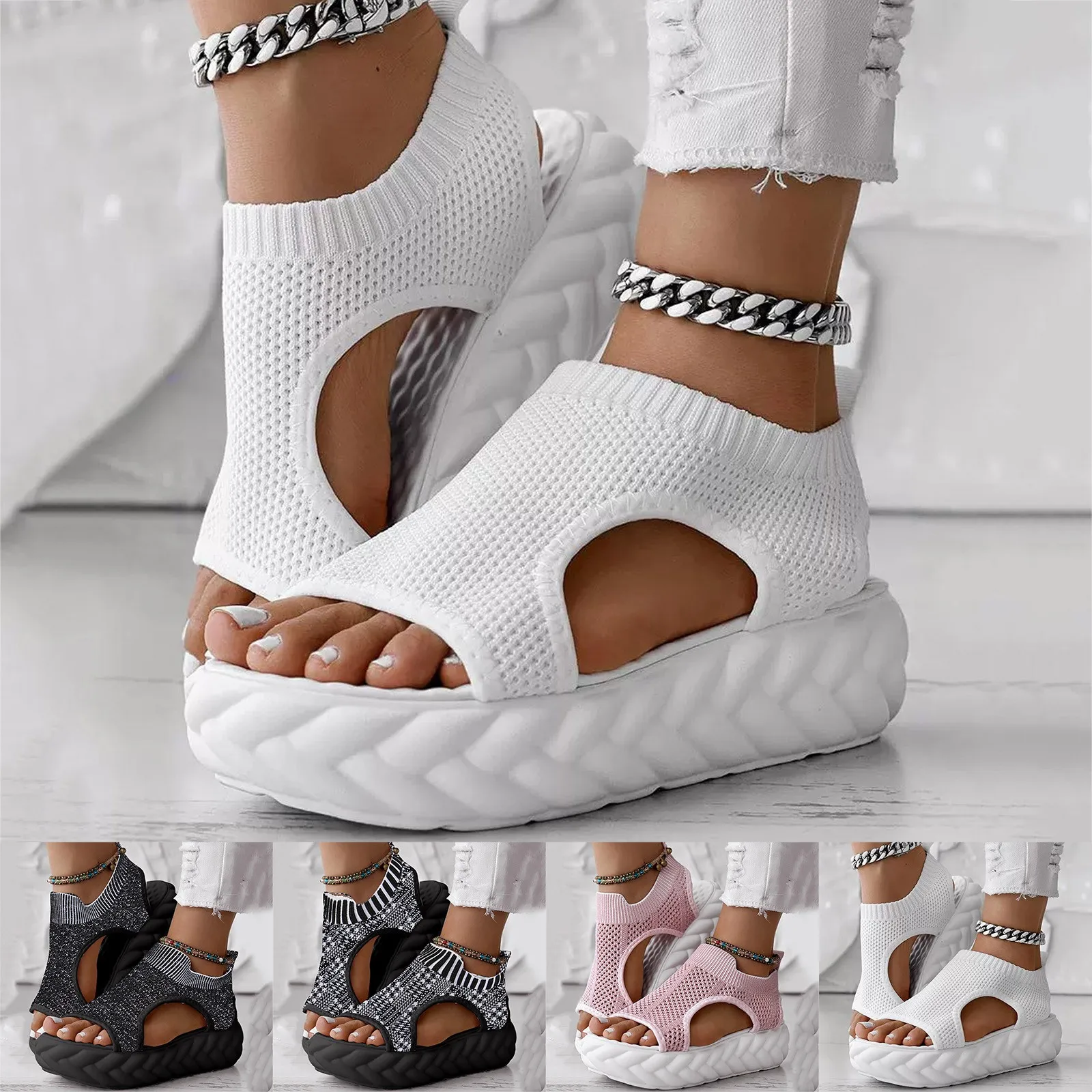 Sandals For Women 2025 Dressy Women'S Thick Soled Shoes Fashionable And Casual Hollow Mesh Breathable Women'S Sandals Dressy - 2