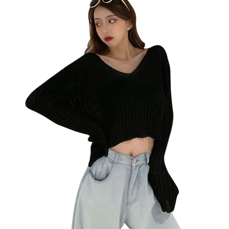 

Womens V Neck Sweaters Long Sleeve Off Shoulder Oversized Ribbed Knit Slouchy Pullover Jumper Tops