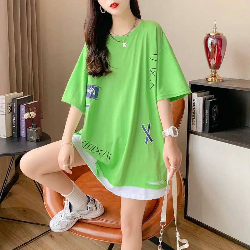 

Fake Two Women Short Sleeve T Shirt Round Neck Medium Long Five Sleeve Tops 2024 Summer Lazy Wind Big Size Loose T Shirt