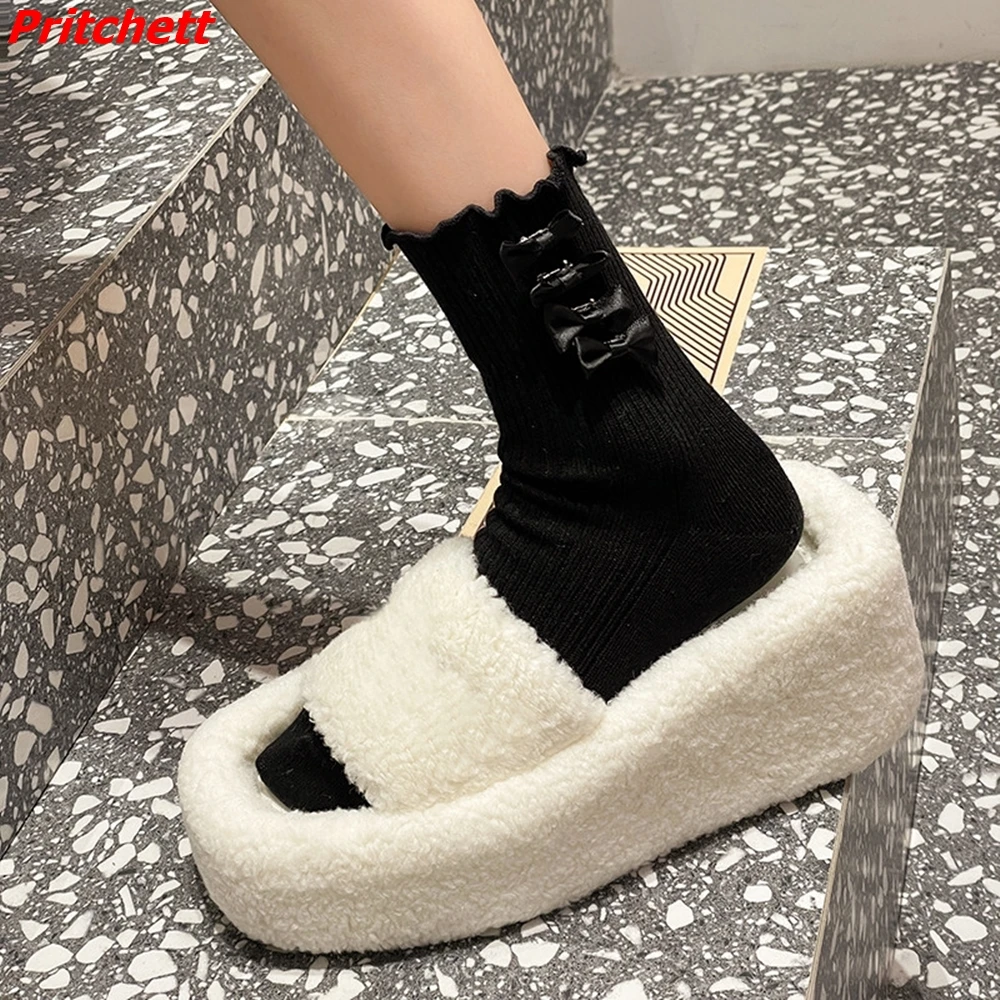 

Wool Slingback Women Slippers Square Toe Slip On Height Increasing 6-8cm 2023 New Arrivals Spring Autumn Casual Fashion Shoes
