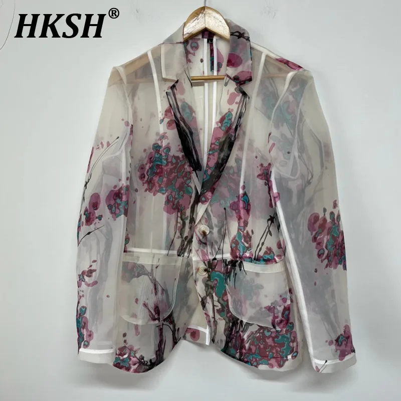 

HKSH Summer Elegant Fresh Plum Flower Print Perspective Original Design China-Chic Men's Tide Blazer Casual Fashion Coats HK1065