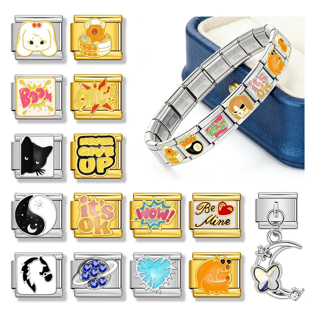 GEMOSA Bunte Katze Hund Mond Wow Omg Planet Italienischer Link passend für 9 mm Edelstahlarmband DIY 2026 Charms Schmuckherstellung