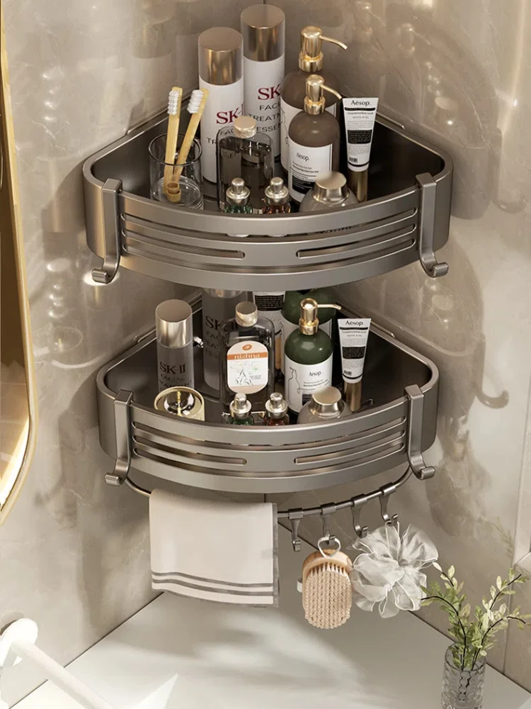 Bathroom Corner Shelf Punch-Free Wall Mounted 2-Layer Aluminum Triangle Basket Shower Room Storage Rack Bathroom Organizer 6