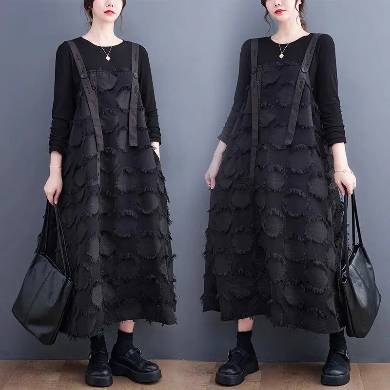 

Design Adjustable Shoulder Strap Dress Ladies Loose Casual And Comfortable Printed Raw Edge Spliced Long Dress For Women Z2662