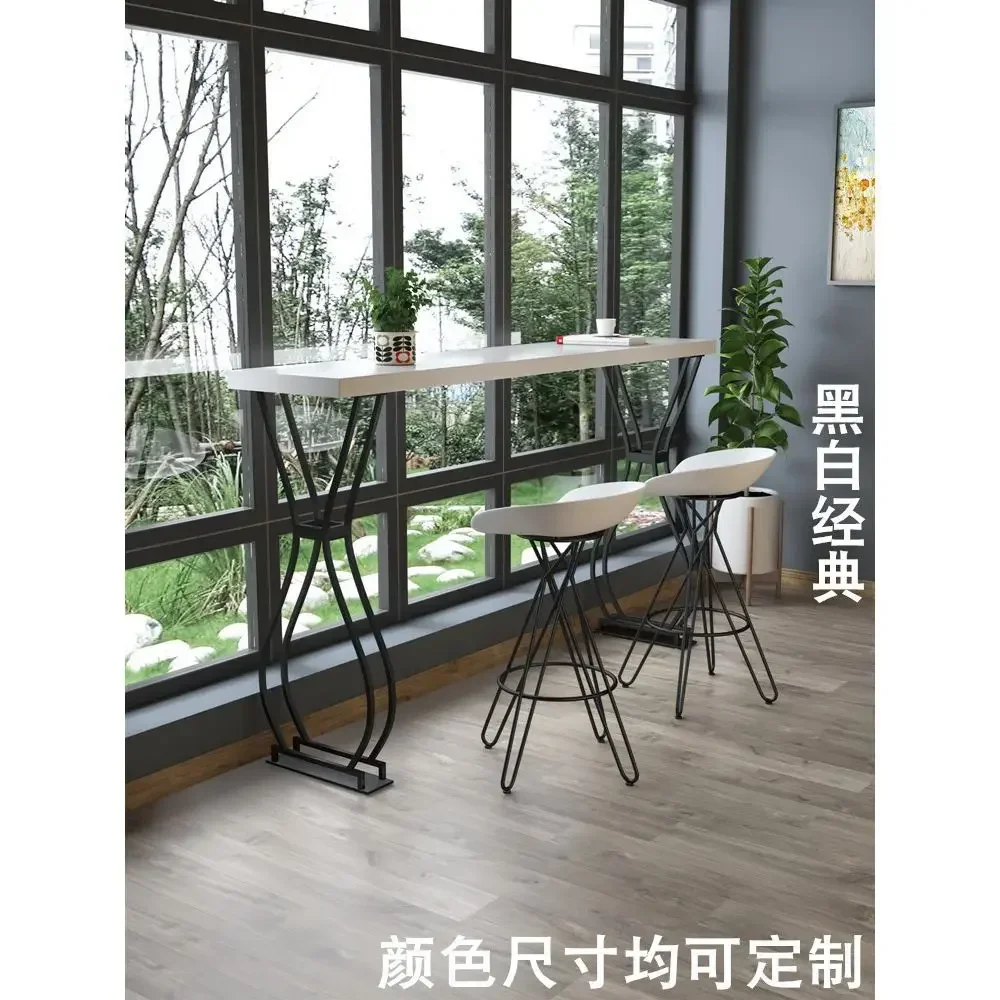 Bar Table Chair Combination Luxury Solid Wood Bar Table Home Milk Tea Shop Wall Long Table High Wrought Iron Chair