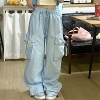 Blue Sweet Embroidered Casual Trousers Women Japanese Versatile Trend Summer High Waist Loose Multi Pocket Wide Leg Cargo Pants - Image 5