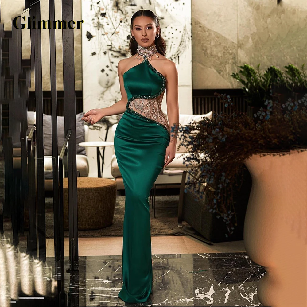 

Glimmer Delicate High Neck Prom Dresses Crystals Rhinestones Satin Mermaid Sleeveless Pleat Vestidos De Festa Customised