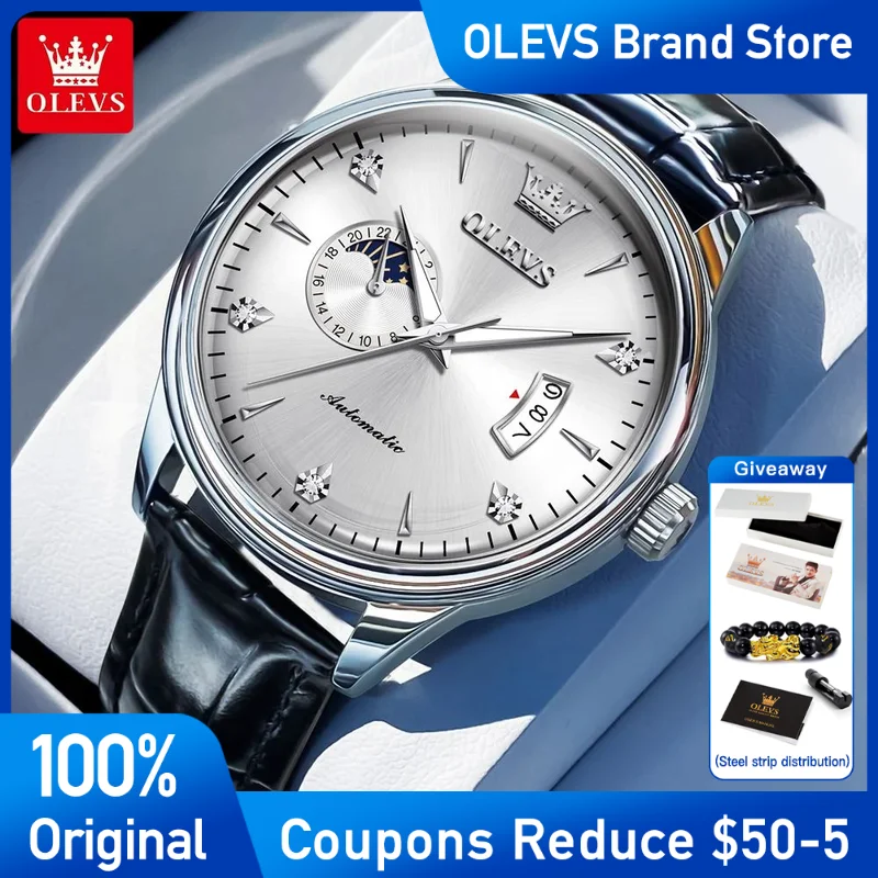 OLEVS Mens Watch Original Brand Mechanical Wristwatch Men Leather Strap Reloj Waterproof Luminous Automatic Date Watches