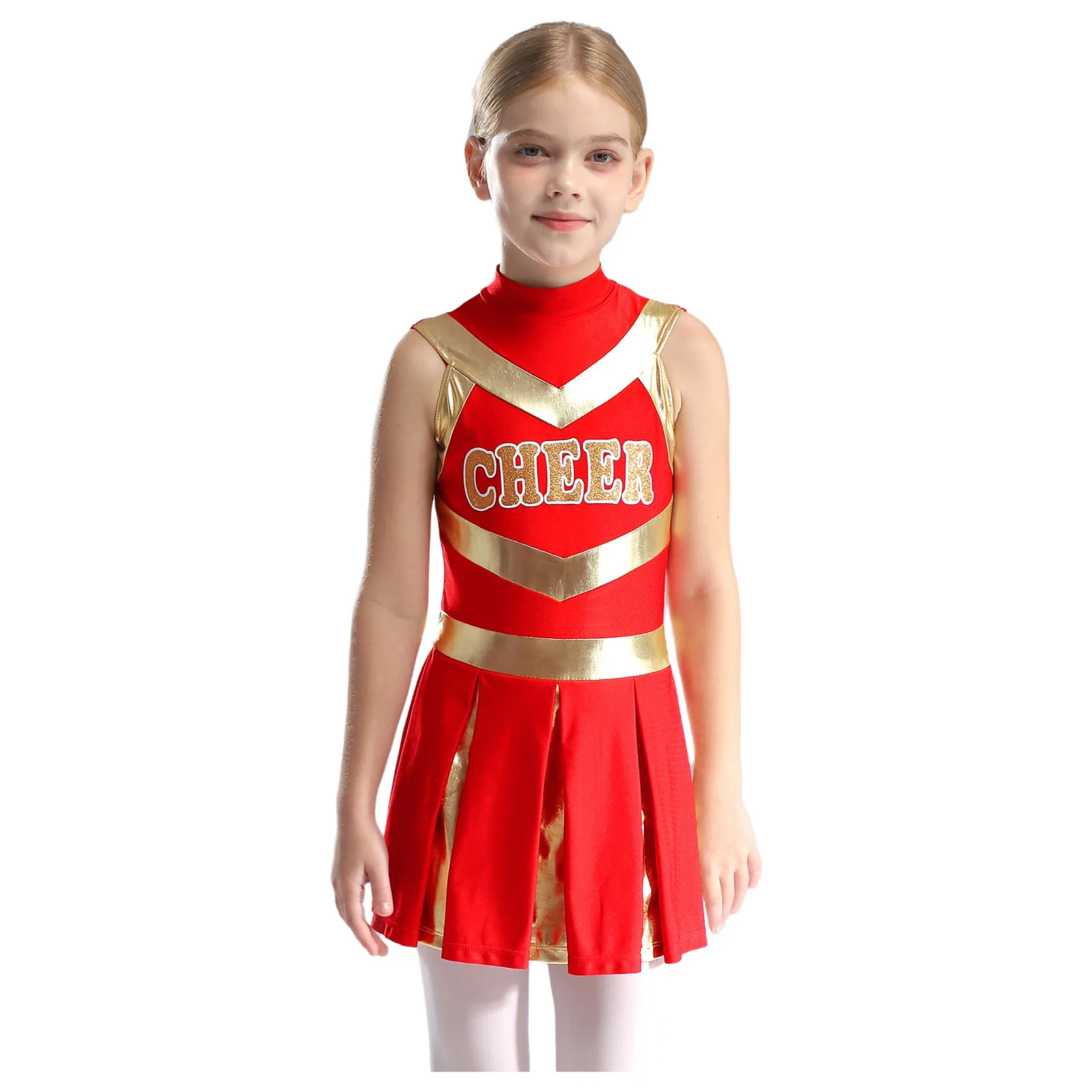 Kinder Mädchen Cheerleading Uniform Cheerleader Kostüm Schule Sport Treffen Cheer Ballett Tanz Outfits Brief Drucken Plissee Kleid – Detail 37
