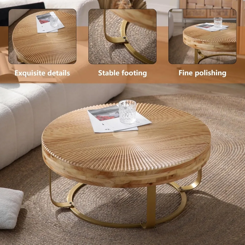 31.5 "Modern Circular Coffee Table with Handmade Wooden Radial Pattern, Cedar Tabletop, Gold Cross Legged Base 6