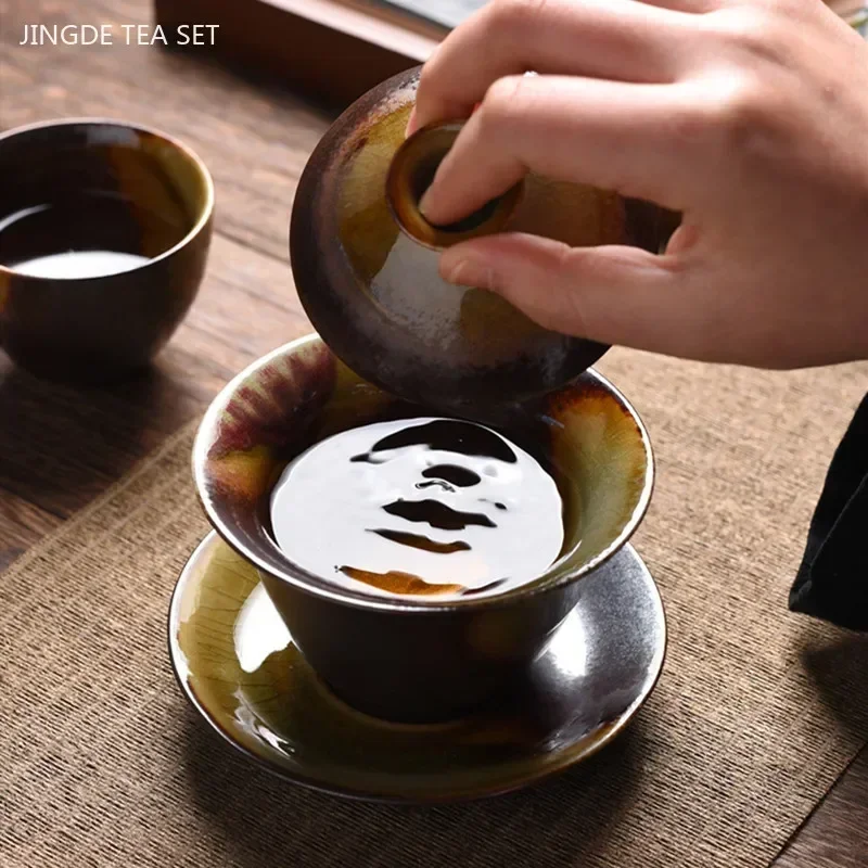 Wood-fired Kiln Changed Ceramic Gaiwan Household Handmade Beauty Teacup Retro Ceramic Tea Bowl Chinese Tea Accessories