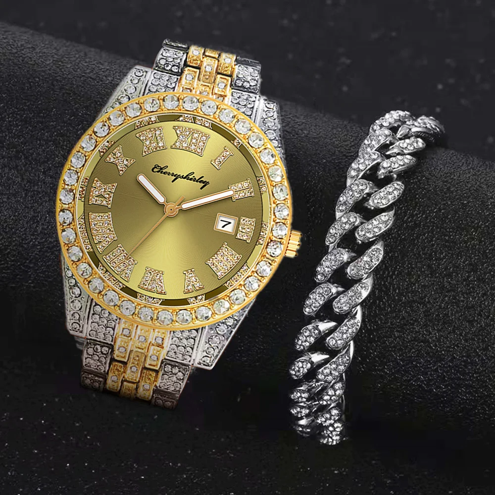 2pcs Full Iced Out Watches Men Miami Cuban Bracelet Bling Bling Luxury Watch Jewelry for Men Gold Watch Men Watch Set Clock Gift iced out watch necklace for men 2pcs luxury diamond watch men blinged fashion jewelry set gold watch lightning pendant clock