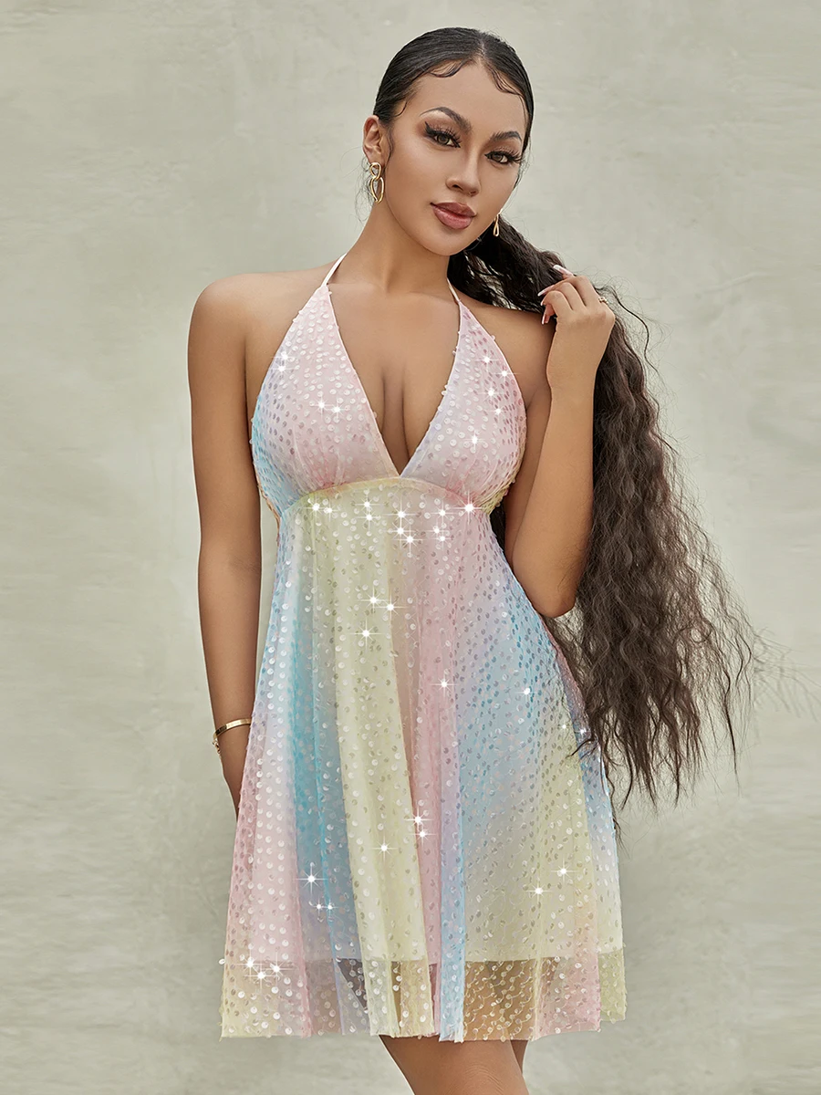 

Женское летнее мини-платье с блестками, сексуальное вечернее платье-трапеция с глубоким V-образным вырезом, без рукавов, с завязкой на шее и открытой спиной, модель Y2k, клубная одежда
