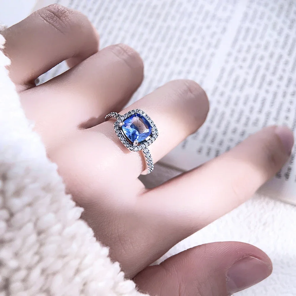 925 Sterling Silver Sparkling Halo Blue Square Zircon Jewelry Set Earring Necklace Ring for Women Valentine's Day Gift jewelry set silver jewelry silver jewelry set crystal jewelry set