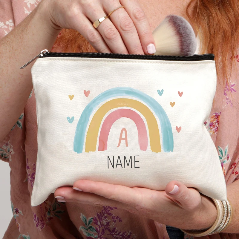 Love Rainbow Letter Cosmetic Bag Customize Name Canvas Zipper Pouch Lipstick Perfume Makeup Bags Pencil Case Teacher Bride Gift 2
