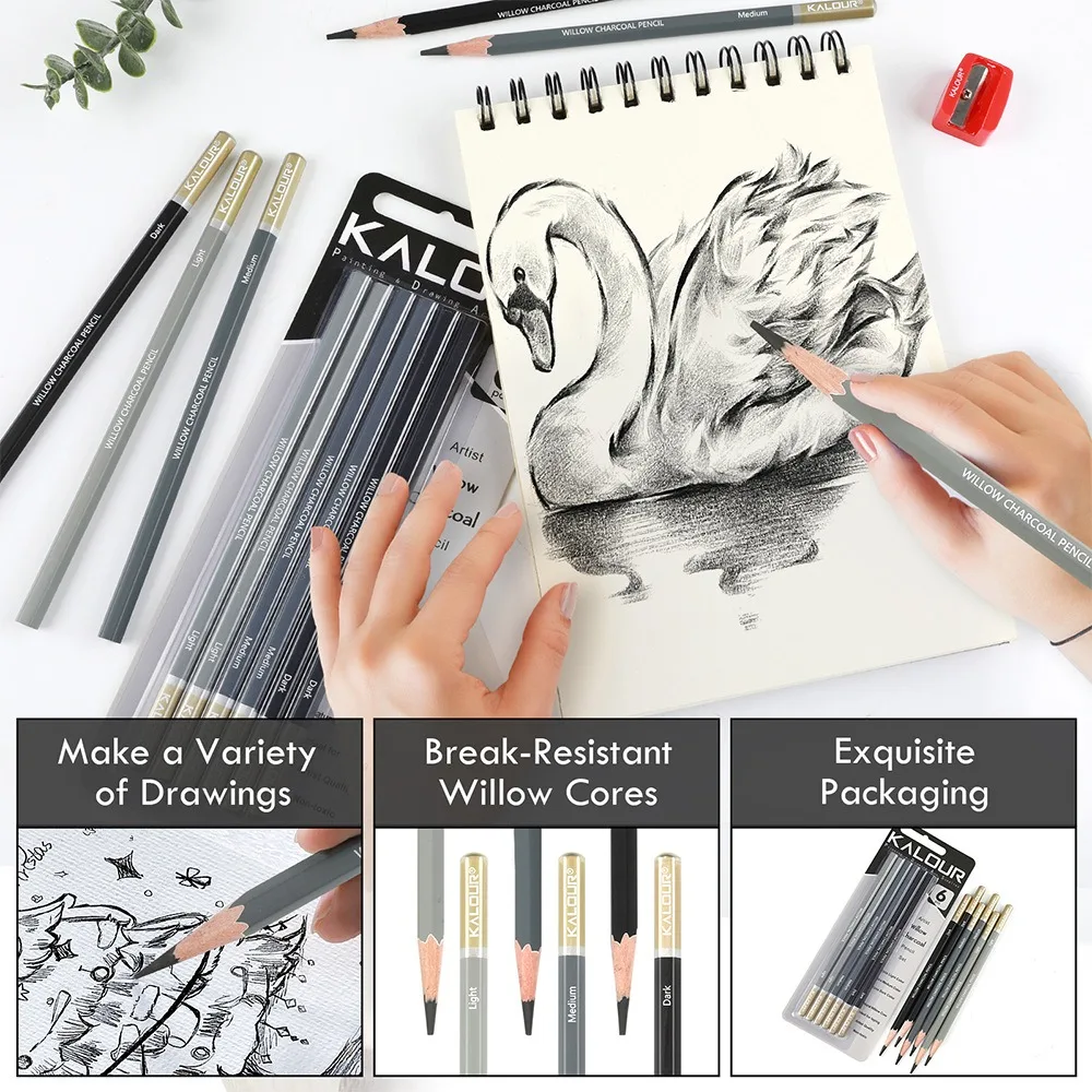 Kalour Pro Charcoal Pencil Set 6/12 Premium Artist Grade Eco-Friendly Wood Sketch Pencils, Drawing Blending Shading Art Students 3