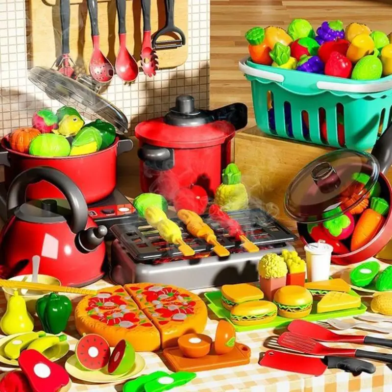 Kids Kitchen Utensils Toy Set Pretend Cooking Simulated Food Game Non-Toxic Safe for Toddler Boys Girls Interactive Playtime Toy
