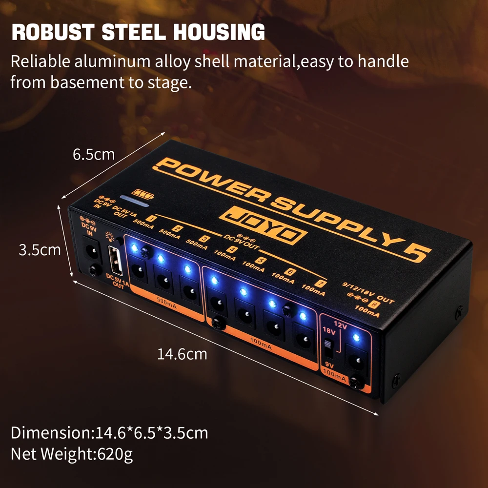 thumbnail image 2 of JOYO JP-05 Pedal Power Supply - 8 Output Battery Powered With 4400mAh & USB Port 2 of 11
