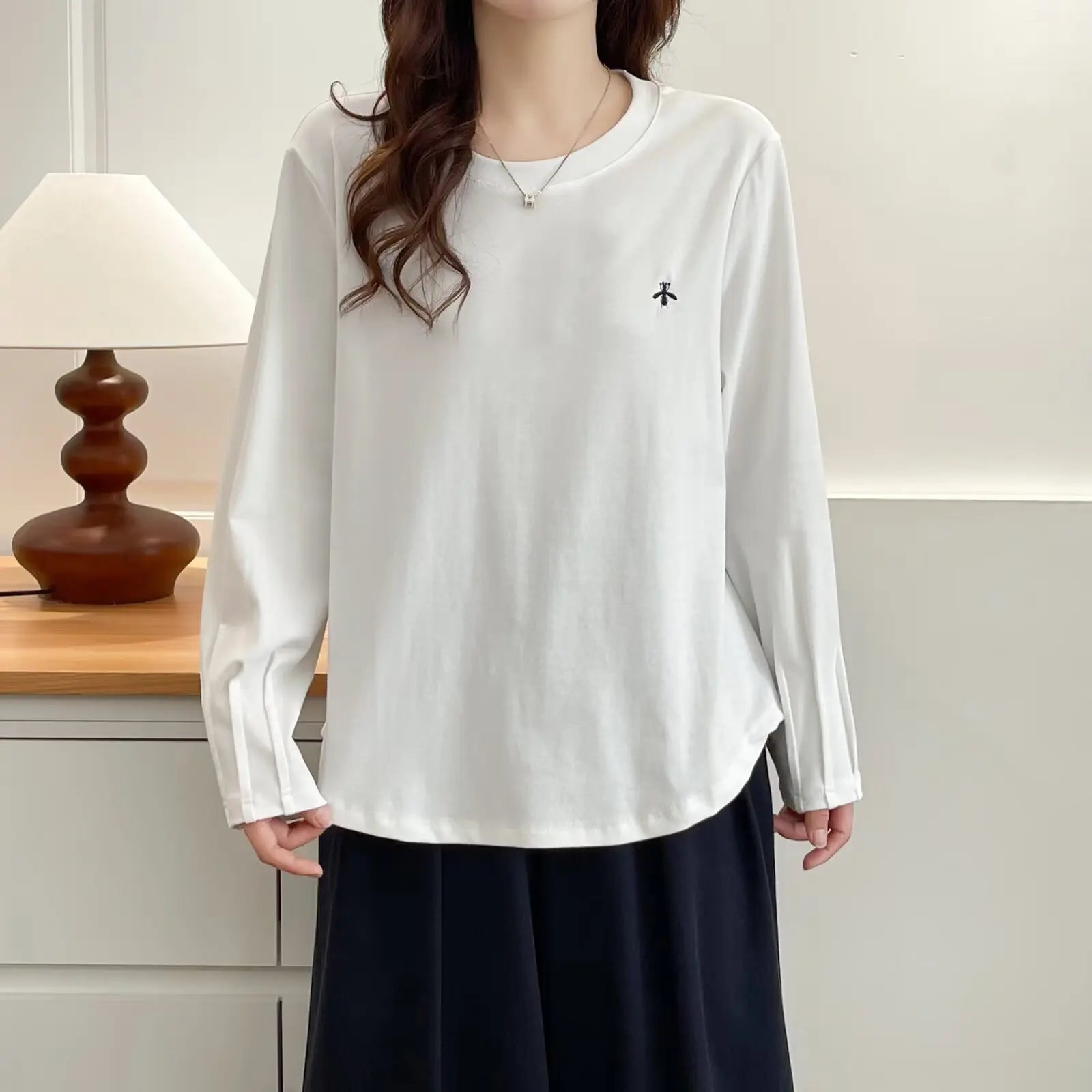 XXXXL Fashion Plus Size Women's T-Shirt Autumn New Basic Style Embroidered Pleated Cuffs Long Sleeved Base Top 2508