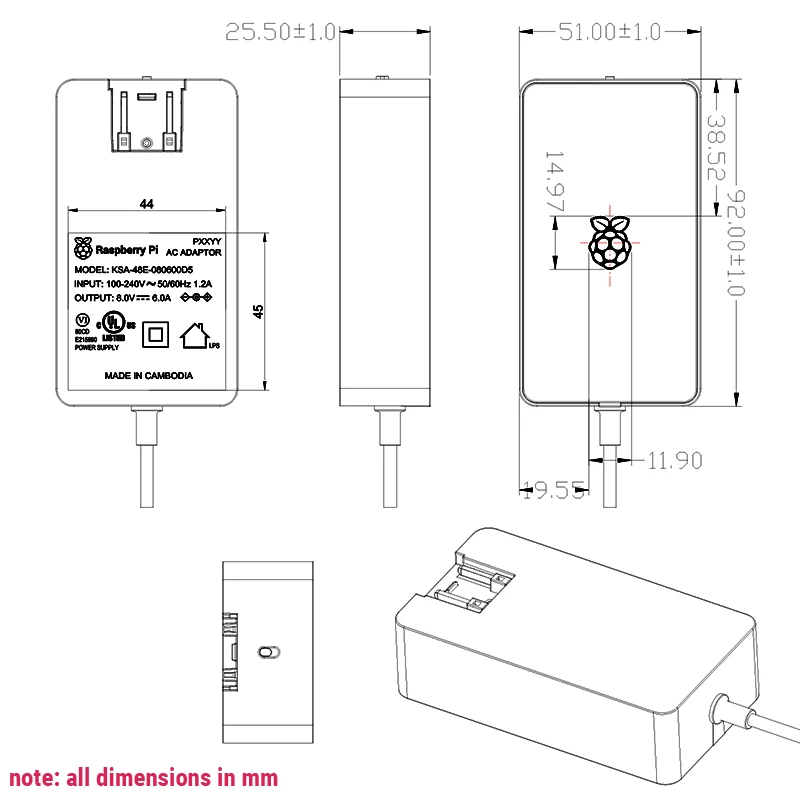 Raspberry Pi-build Hat Fonte de Alimentação Cabo 1.5m Cabo 16awg Compatível com Motores Sensores ue e Eua 48w 8v 6a - Imagem 4