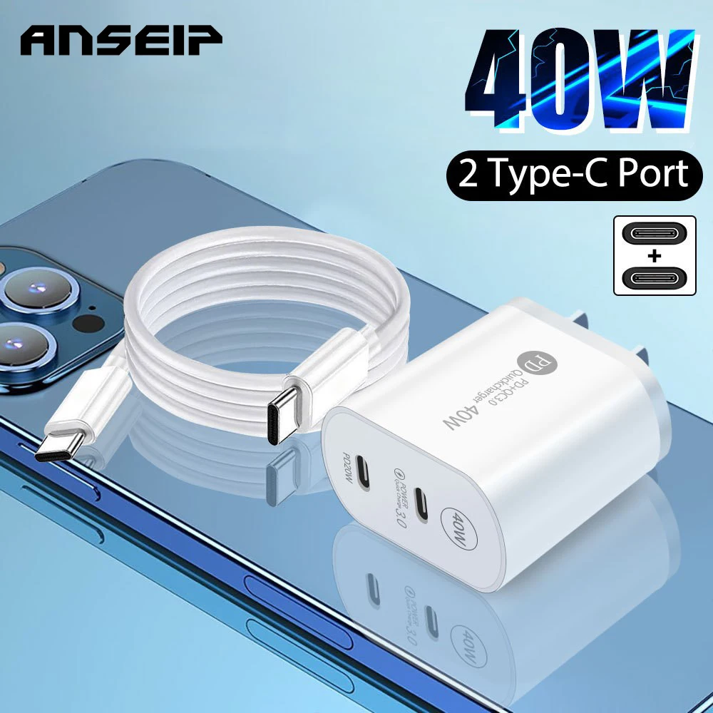 

Зарядное устройство ANSEIP сетевое с двумя портами USB Type-c и поддержкой быстрой зарядки, 40 Вт