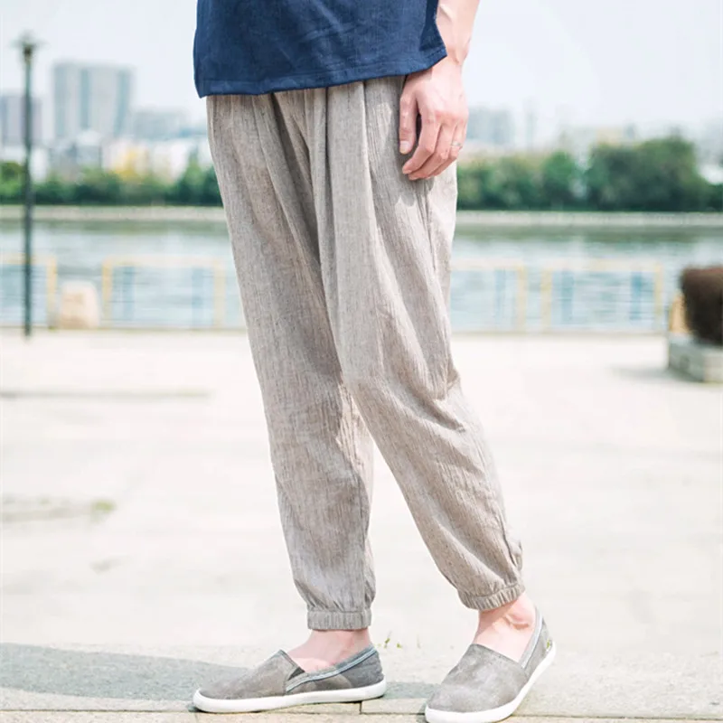 

Брюки-султанки мужские из хлопка и льна, повседневные джоггеры, удобные летние брюки в китайском стиле, мягкие бриджи в стиле Харадзюку
