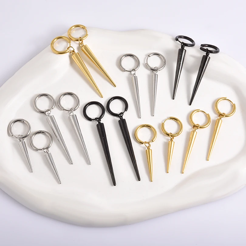 Nicht verblassende, unterschiedlich lange, spitze Kegel-Ohrhänger aus Edelstahl, runde Creolen für Damen und Herren, Schmuck, Ohrpiercing, Geschenk – Detail 3