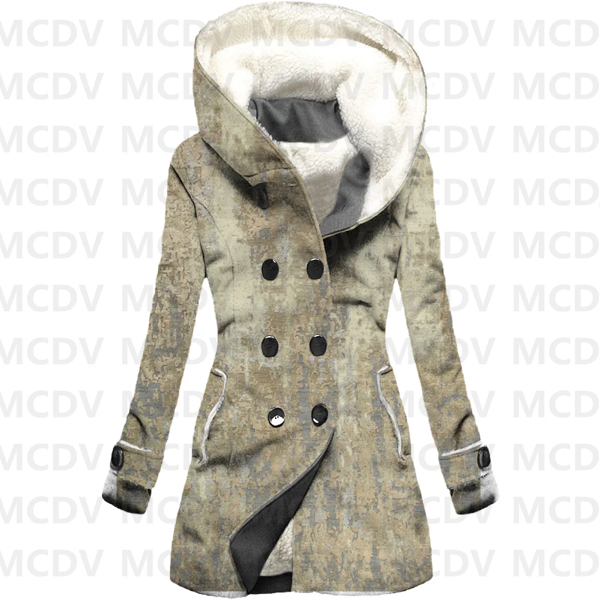 Retro Pattern Printed Fleece Hooded Cloak Women Thick Warm Coat Women's Winter Warm Overcoat Casual Clothes