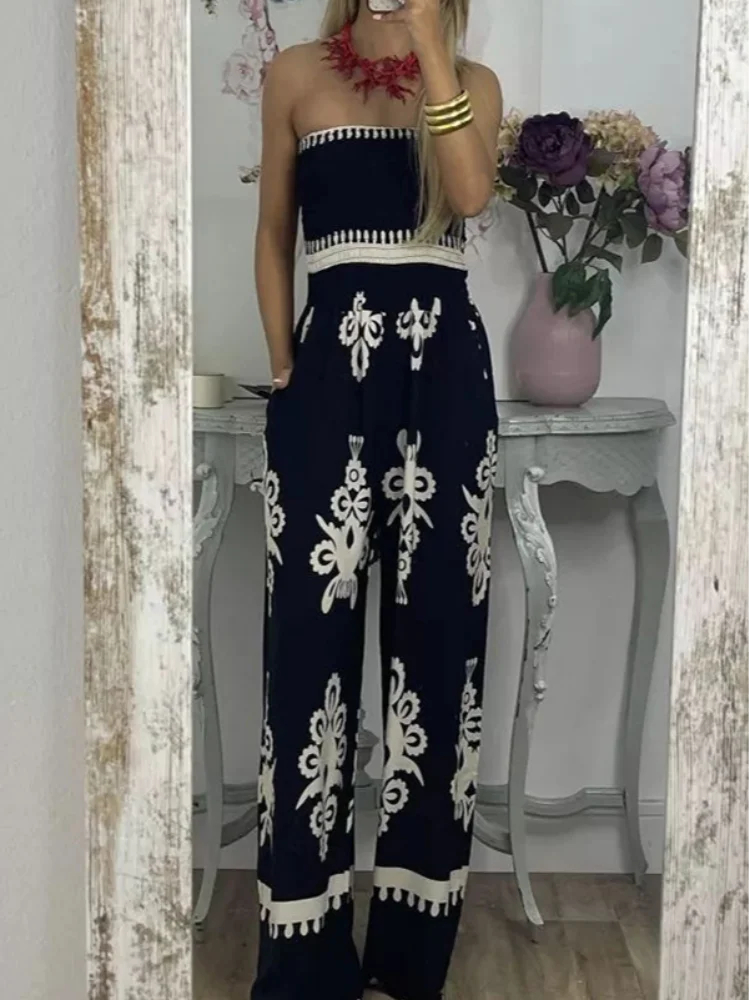 

2024 Fashion Printed Patchwork Jumpsuit For Women Sleeveless Backless Sling Sexy Summer Female Vacation Beach Streetwear Outfits